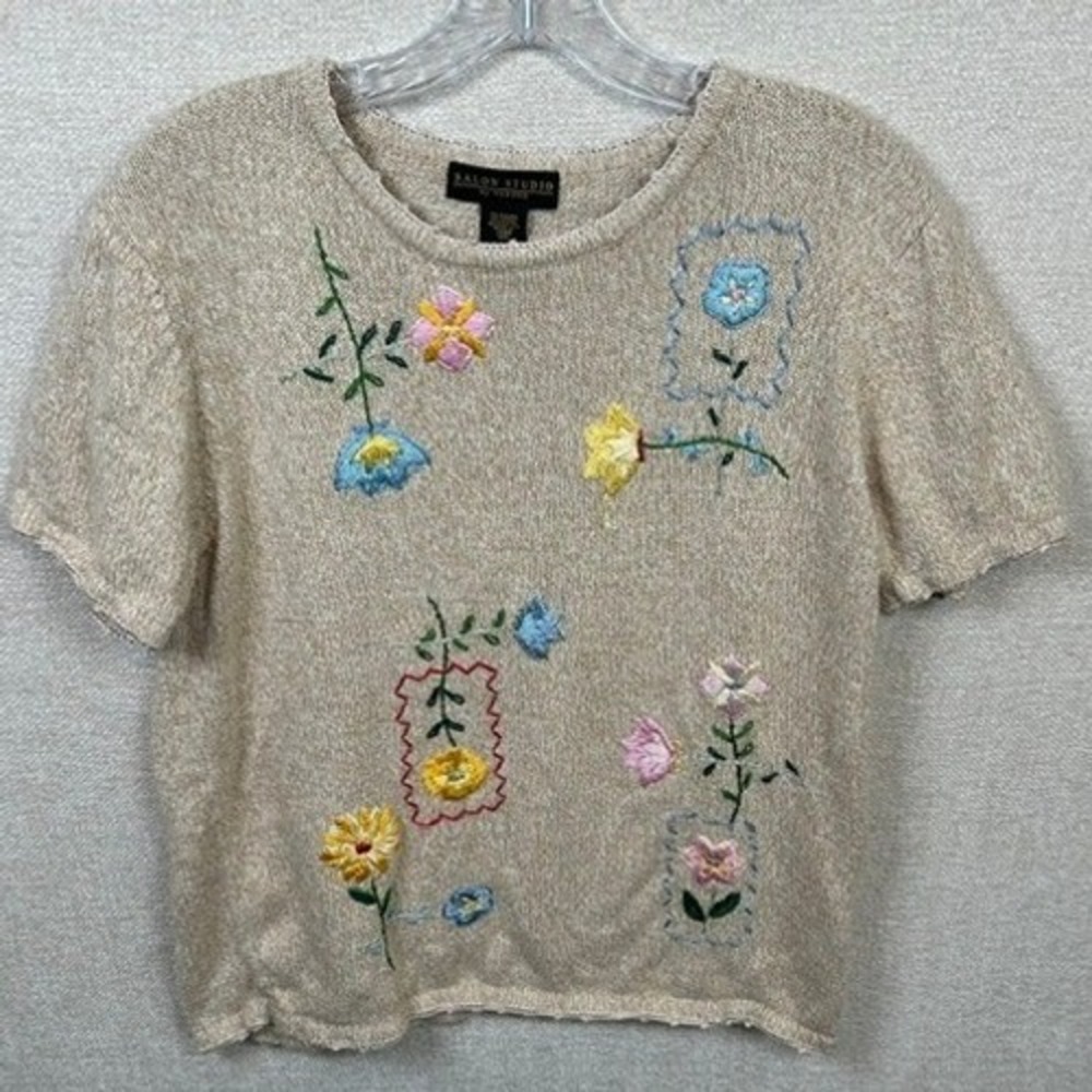 Vintage Salon Studio by Haband Women's Beige Floral Embroidered Knit Top LG